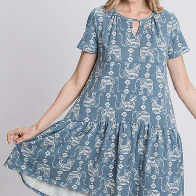 Elephant Block Print Dress - Blue