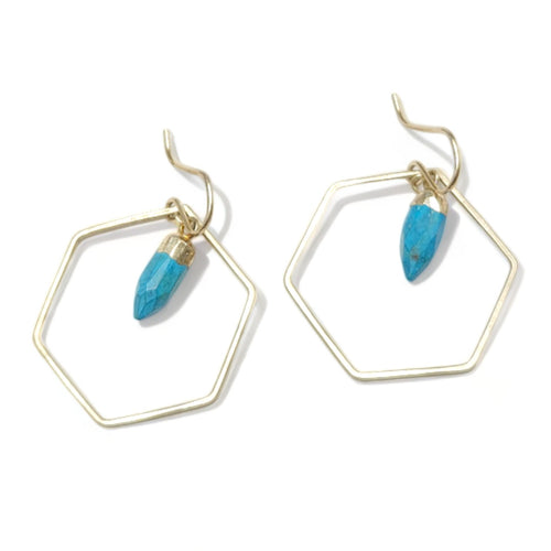 Hex Hoop Earrings w/Turquoise Stone