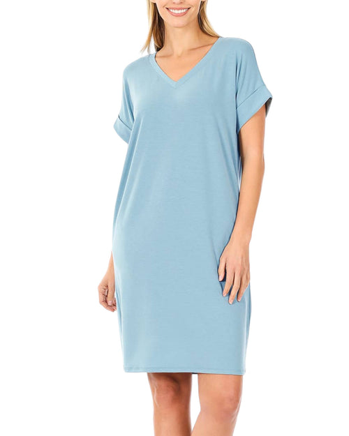 Blue Grey Rolled Sleeve V-Neck Dress