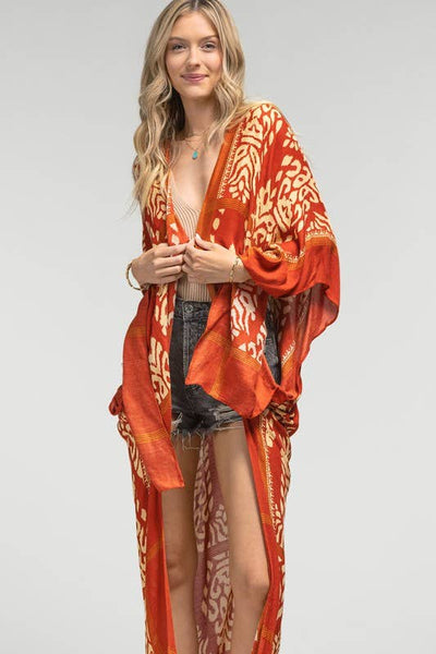 Rust Damask Print Kimono with Sleeves