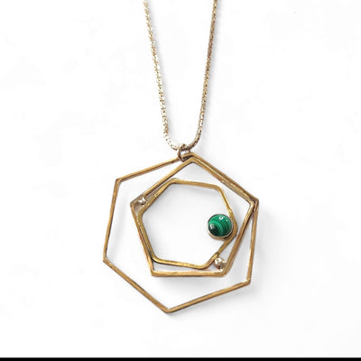 Geometric Rose Brass Necklace with Malachite