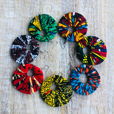 Large Round Ankara Earrings (Multicolor - Navy Blue/Brown/White)