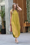 Olive Mustard Round Necklace Maxi Dress