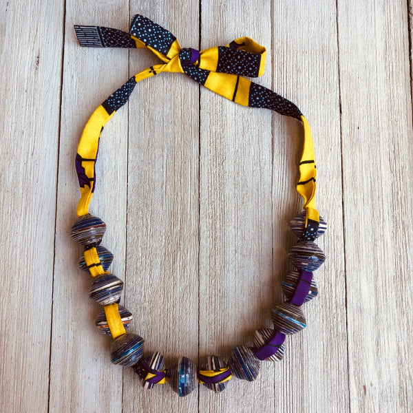 Sanyu Funky Handmade Necklace with Chunky Beads and Ankara Fabric (Large  Beads in Purple/Black )