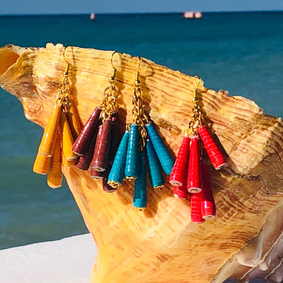 Dangling Handmade Beaded Earrings (6 Medium Cone Beads in Bright Blue)
