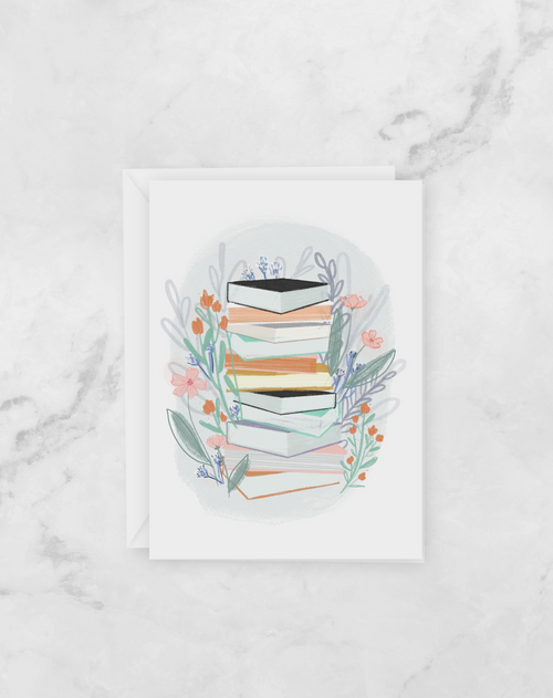 Greeting Card - Stack of Books - Blank Card for a Reader or Book Lover - Peach or Plum