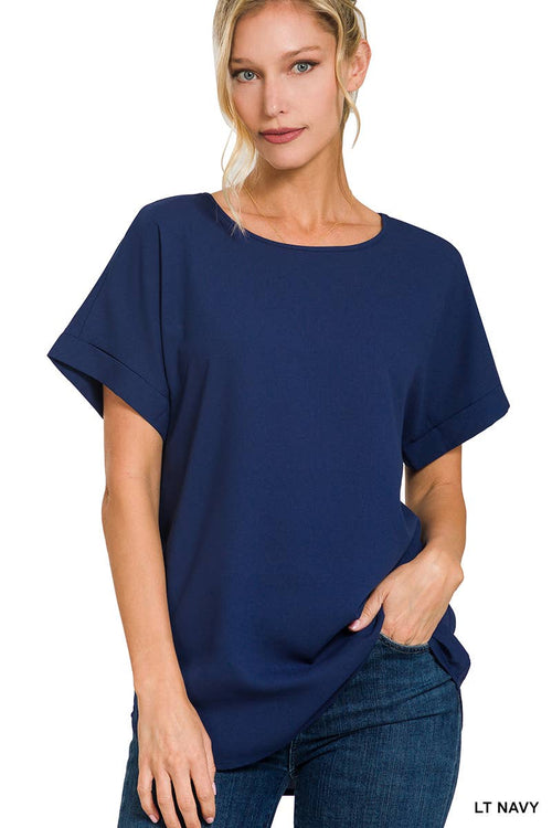 Light Navy Woven Dobby Rolled Sleeve Boat Neck Top