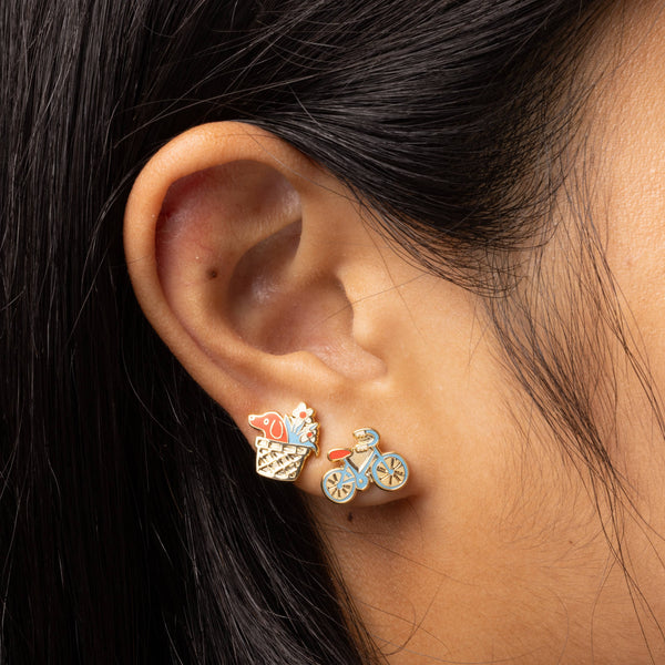 Yellow Owl Workshop - Bicycle & Dog Earrings | Dog Lover Mismatched Gold Studs