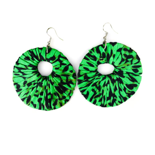 Large Round Ankara Earrings (Multicolor - Green and black)
