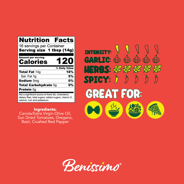 Benissimo / Hongar Farms / Lesley Elizabeth - Basil & Sundried Tomato EVOO Blend – 8.45 fl oz Cruet
