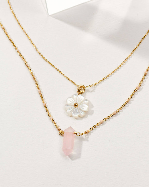 Luna Norte - Blooming Crystal Layered Necklace Set- Rose Quartz