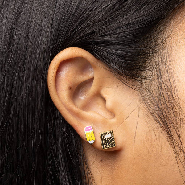 Yellow Owl Workshop - Pencil & Notebook Earrings | Teacher Mismatched Gold Studs