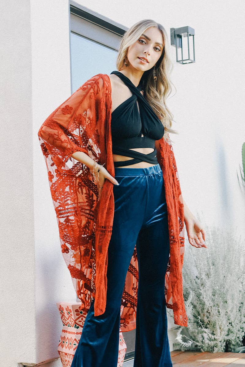 Ethereal Embroidered Mesh Leaf Kimono