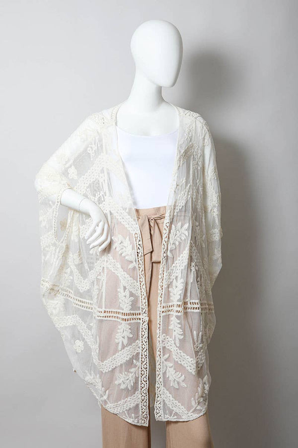 Leto Accessories - Ethereal Embroidered Mesh Leaf Kimono