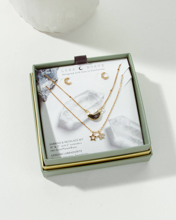 Luna Norte - Moon and Stars Necklace Set- Labradorite