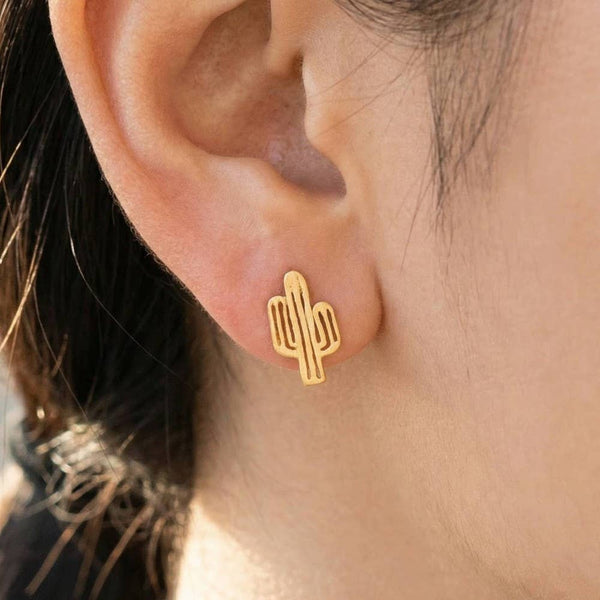 Fame Accessories - Gold Dipped Dainty Desert Cactus Stud Earrings