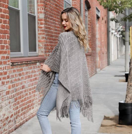 Leto Accessories - Soft Diagonal Knit Tassel Trim Ruana