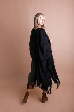 Rust Open Work Frayed Ruana