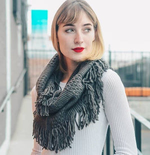 Gray Pointelle Fringe Infinity Scarf