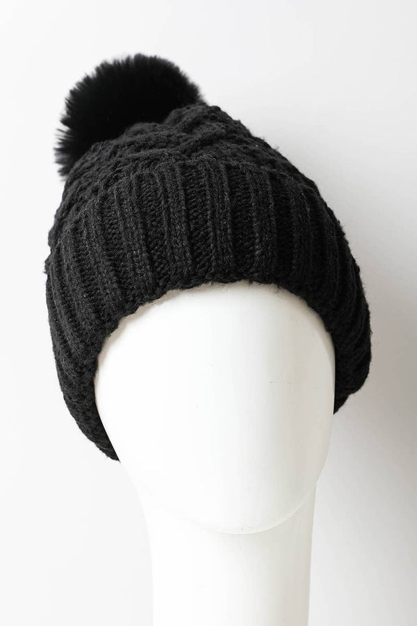 Pink Cable Knit Pom Beanie