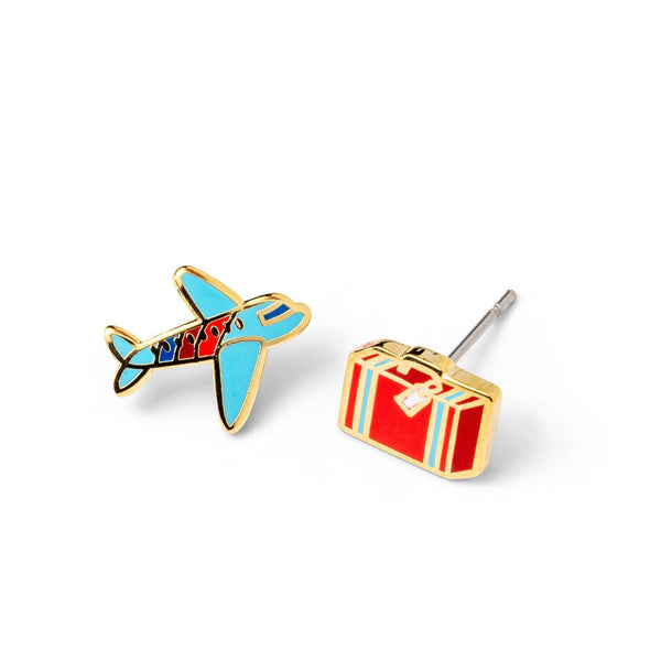 Yellow Owl Workshop - Airplane & Suitcase Earrings | Travel Mismatched Gold Studs