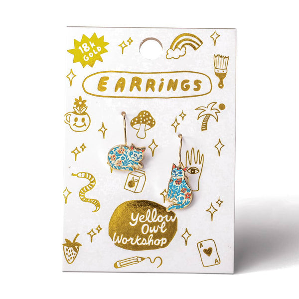 Yellow Owl Workshop - Floral Cat Drop Earrings | Gold Jewelry Cat Lover Gift