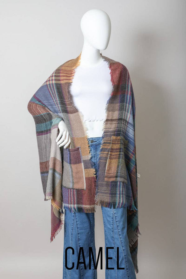 Light Pink Multicolor Plaid Pocket Ruana