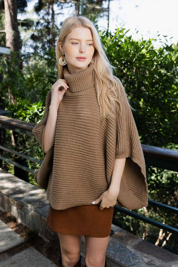Leto Accessories - 🐢 Turtleneck Ribbed Knit Poncho w/ Armholes: Oatmeal