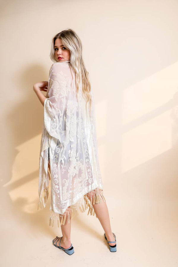 Leto Accessories - Western Velvet Mesh Tapestry Tassel Kimono