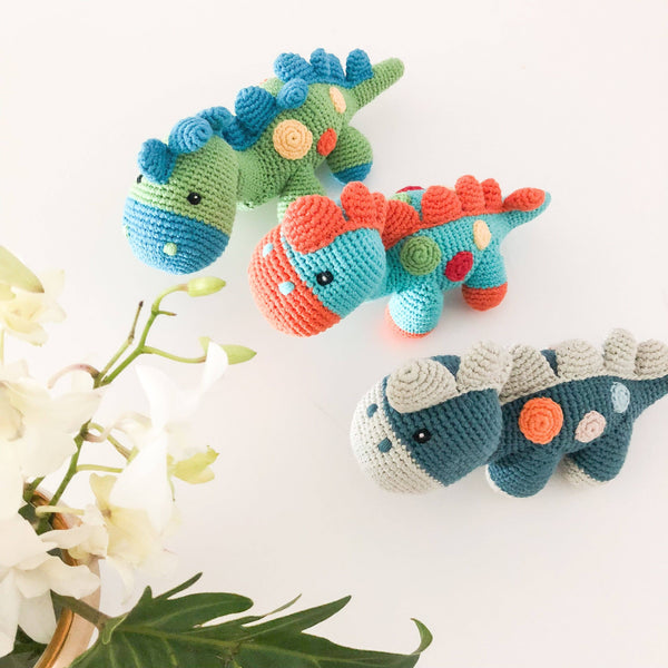 Pebble - Handmade Stegosaurus Baby Rattle | Organic Cotton | Blue