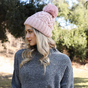 Pink Cable Knit Pom Beanie