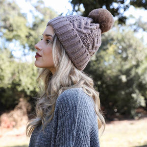 Pink Cable Knit Pom Beanie