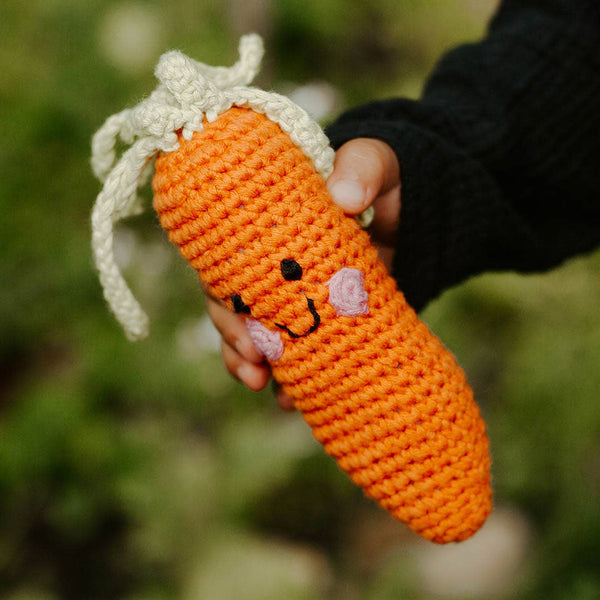 Pebble - Handmade Springtime Baby Carrot Rattle – Organic Cotton Toy