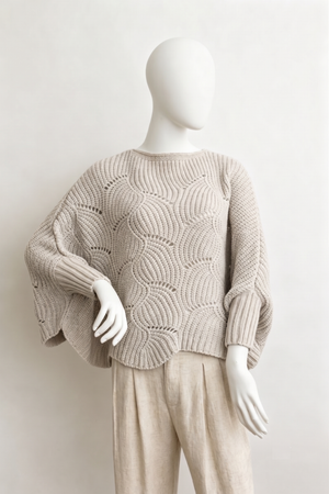 Leto Accessories - Ribbed Knit Pattern Poncho w/ Sleeves: Ivory