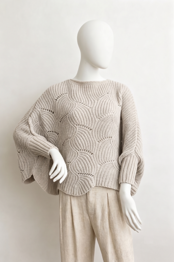 Leto Accessories - Ribbed Knit Pattern Poncho w/ Sleeves: Ivory