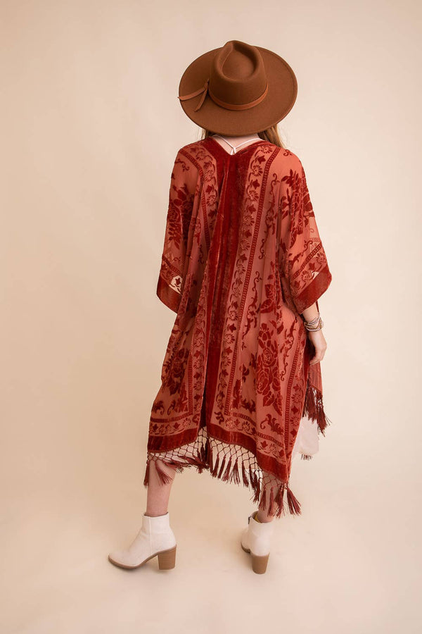 Leto Accessories - Western Velvet Mesh Tapestry Tassel Kimono
