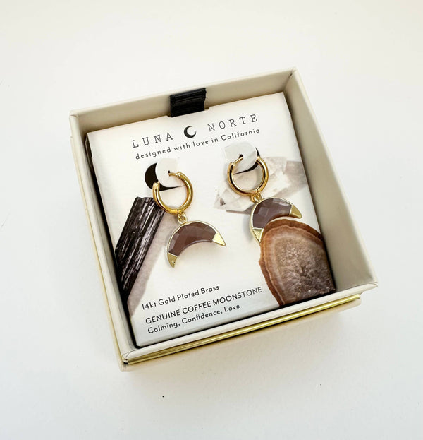Coffee Moonstone Crescent Huggie Hoop Earrings