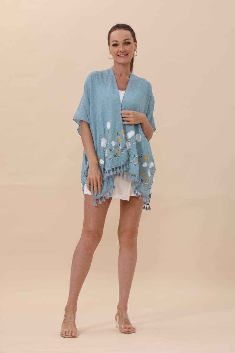 Floral Embroidered Tassel Hem Kimono Cardigan