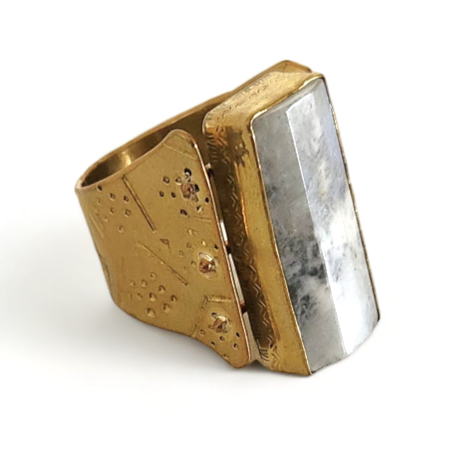 Lovely Gray Agate Riveted Upcycled Statement Ring