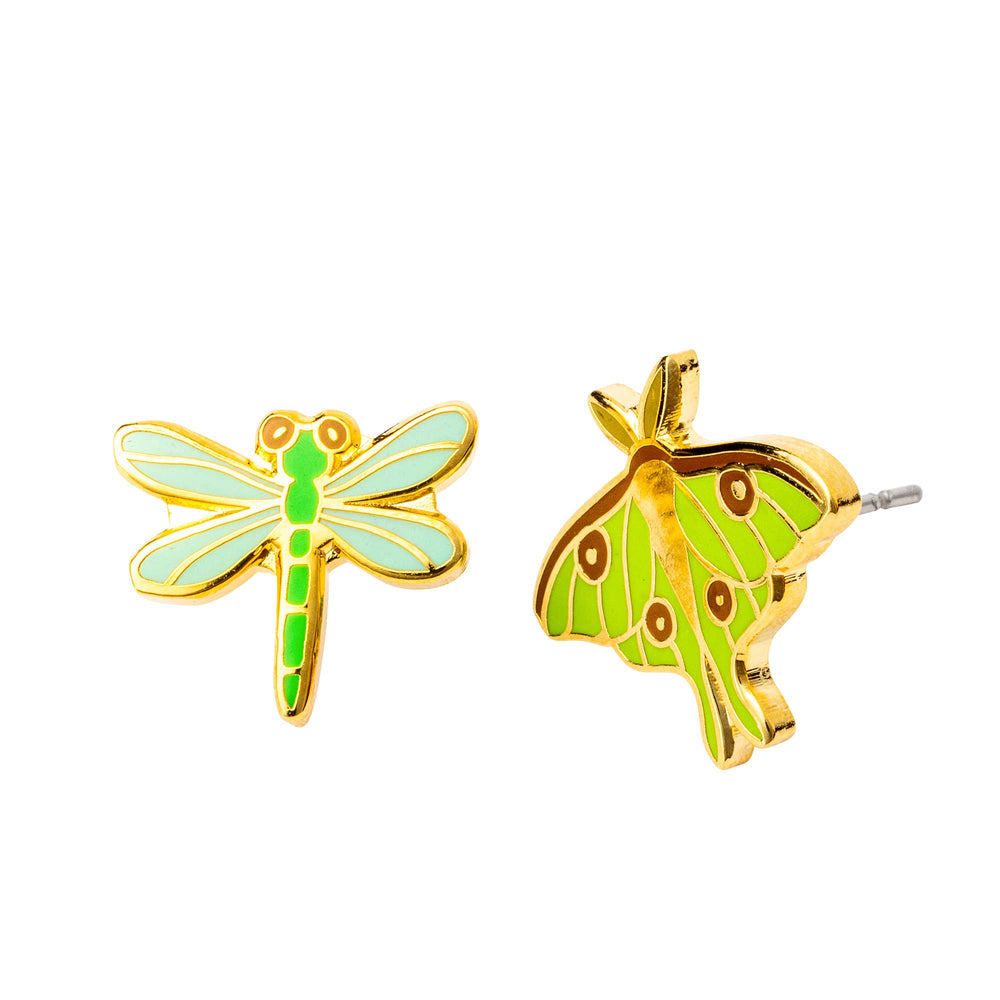 Yellow Owl Workshop - Luna Moth & Dragonfly Earrings | Mismatched Gold Studs