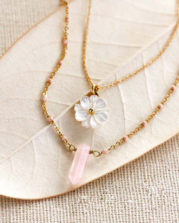 Luna Norte - Blooming Crystal Layered Necklace Set- Rose Quartz