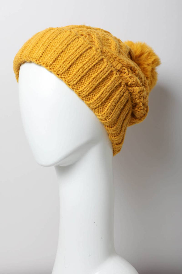 Pink Cable Knit Pom Beanie