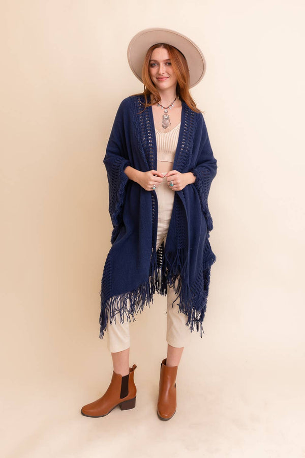 Rust Open Work Frayed Ruana