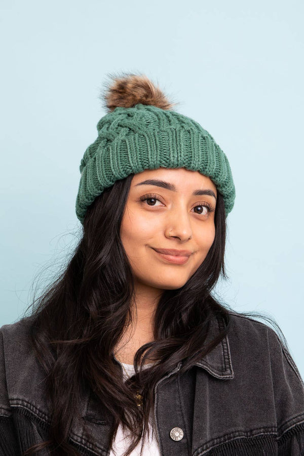 Leto Accessories - Fur Pom Knit Beanie - Ideal for Winter Adventures 🏂: Pine