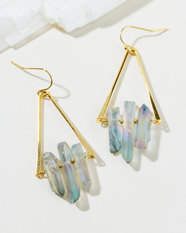 AB Rainbow Quartz Tri Crystal Fish Hook Earrings