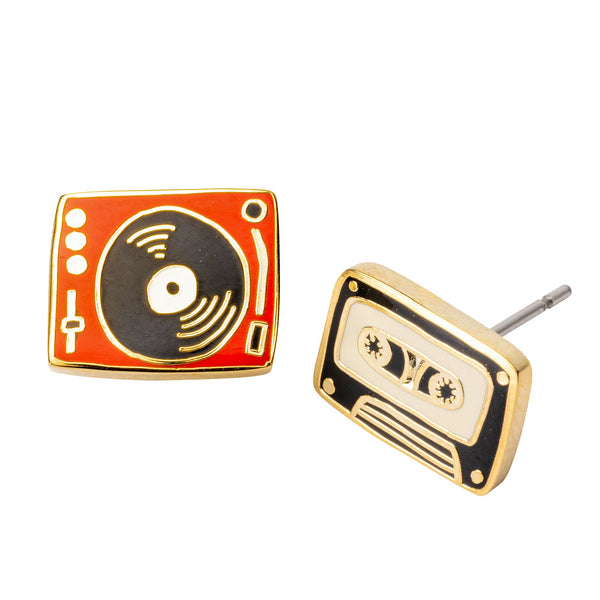 Yellow Owl Workshop - Record Player & Tape Earrings | Music Mismatched Gold Studs