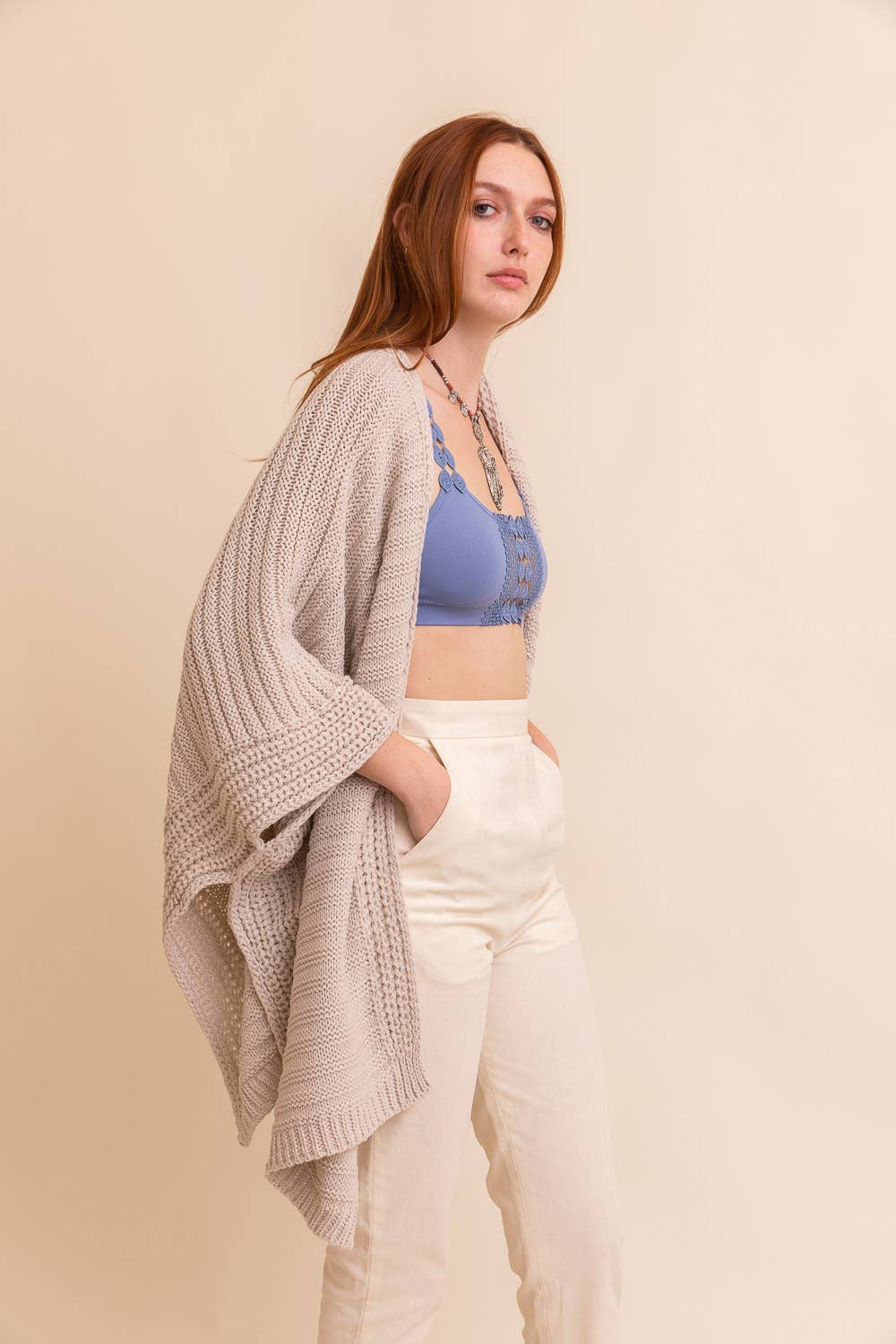 Oatmeal Ridged Rib Knit Ruana