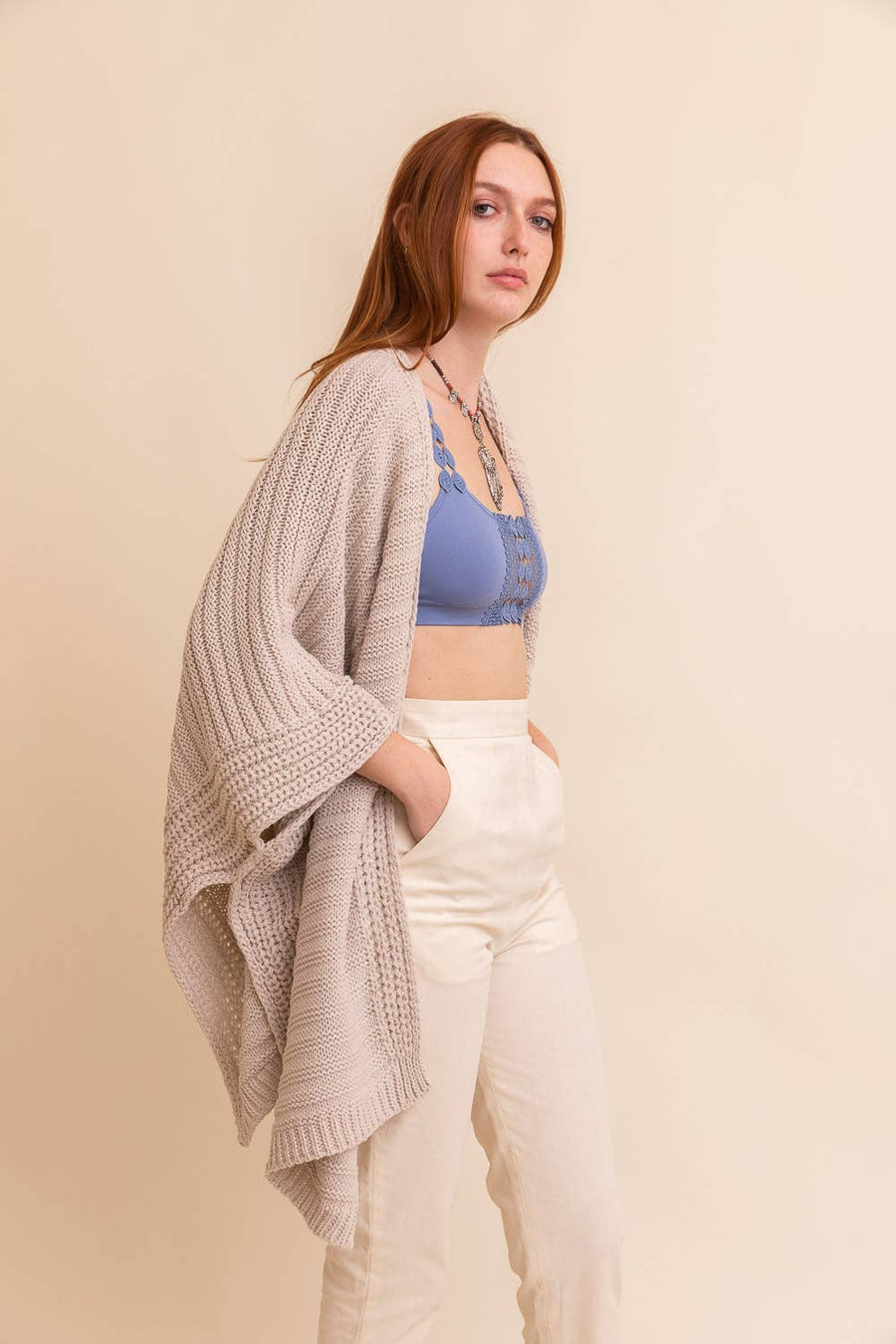 Oatmeal Ridged Rib Knit Ruana