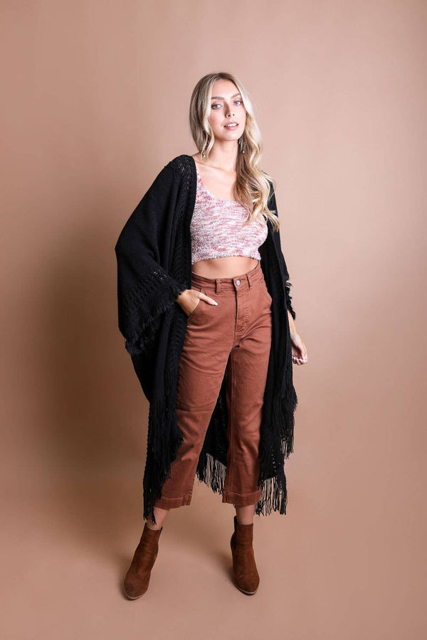 Rust Open Work Frayed Ruana