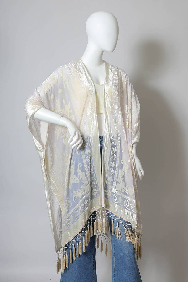 Leto Accessories - Western Velvet Mesh Tapestry Tassel Kimono